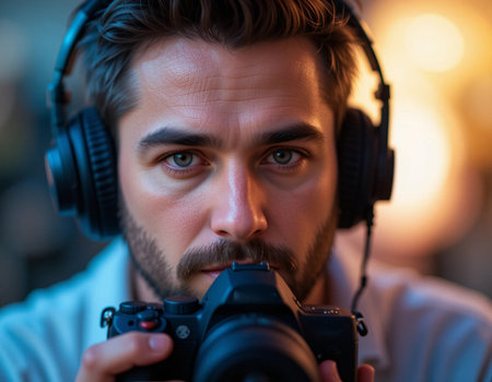 Portrait of a handsome young man in headphones with a camera.の素材