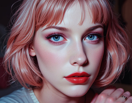 Closeup portrait of a beautiful young woman with pink hair and blue eyesの素材