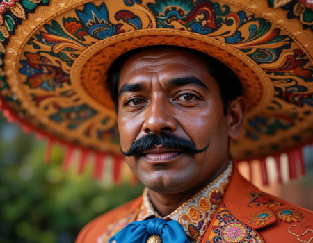 Portrait of a Mexican man wearing a sombrero and mustacheの素材