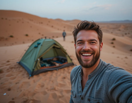 Handsome young man taking selfie with his tent in the desertの素材