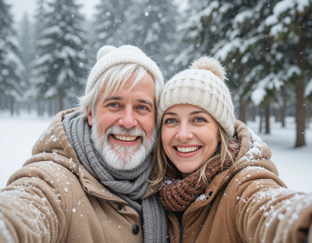 Portrait of happy couple in winter clothes taking selfie in snowy forestの素材
