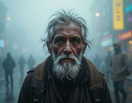 Bearded man with gray beard and mustache in the city at nightの素材