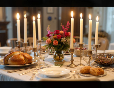 Festive table setting with candles, flowers and croissants.の素材