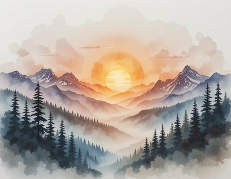 Beautiful sunset in the mountains. Digital watercolor painting. Vector illustration.の素材
