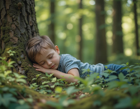 Cute little boy lying on the ground in the forest and dreamingの素材