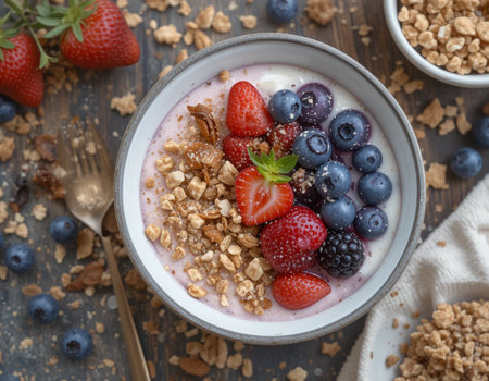 Yogurt with fresh berries and granola in bowl on wooden tableの素材