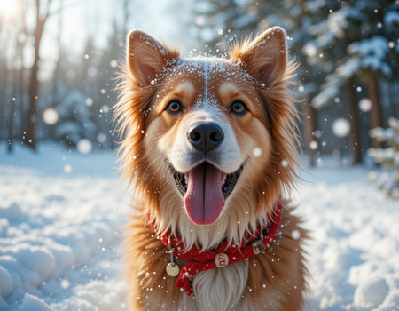 Portrait of a red Welsh corgi dog in the snowの素材
