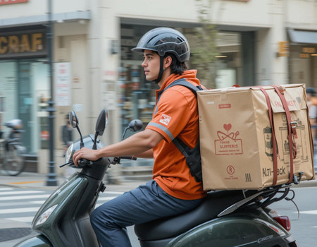 Delivery man on scooter in Milan.の素材