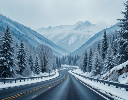 Beautiful winter landscape with snow-covered road in the mountains.の素材