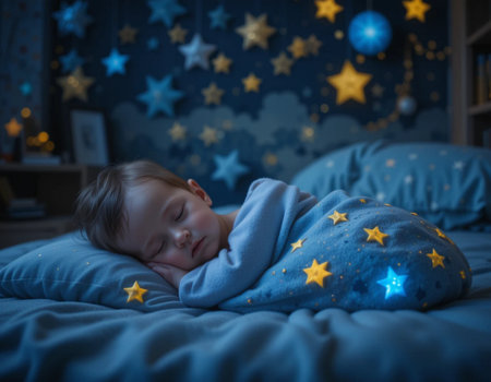 Cute little boy sleeping in bed at night. Cute child in blue pajamas.の素材