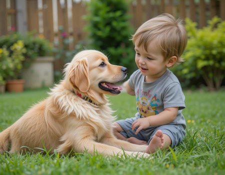 Cute baby boy with golden retriever dog sitting in the gardenの素材