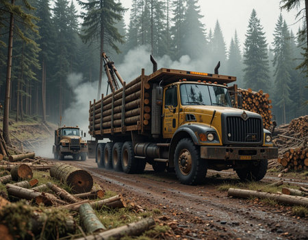 Dump truck in the middle of a forest on a foggy dayの素材