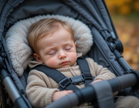 Cute baby boy sleeping in a stroller in the autumn parkの素材