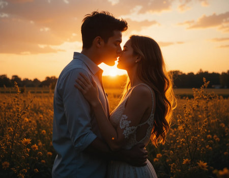 Beautiful young couple kissing in a field of yellow flowers at sunsetの素材