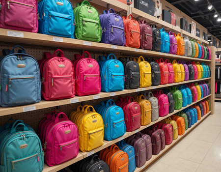 Rows of colorful backpacks on a shelf in a shopping centerの素材