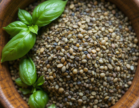 Cannabis seeds in a wooden bowl with basil leaves.の素材