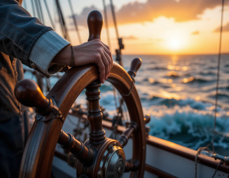Steering wheel on the deck of a sailing ship at sunset.の素材