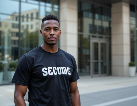 Portrait of young African American man in sportswear standing in front of buildingの素材