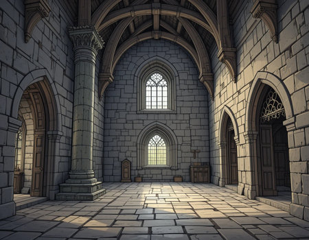 Fantasy medieval church interior with stained glass windows. 3D renderingの素材