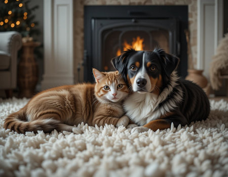Cute cat and dog lying near fireplace at home. Cozy atmosphereの素材