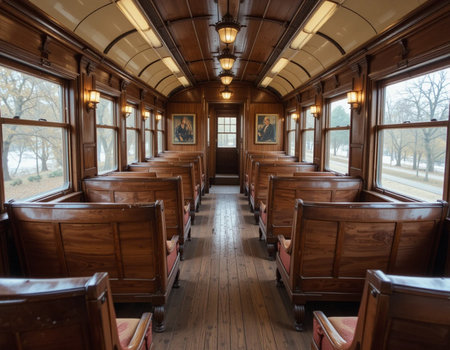 Interior of an old train carriage with wooden seats and paintings.の素材