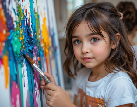 Portrait of a cute little girl with a paintbrush in her handの素材
