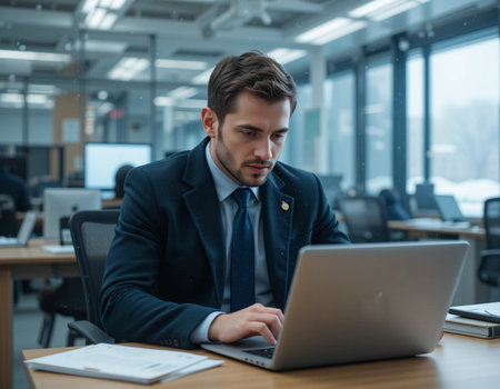 Portrait of a young businessman working on a laptop in an officeの素材