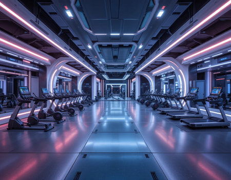 Interior of a modern fitness hall with exercise bikes. 3D renderingの素材