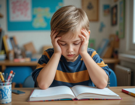 Portrait of tired schoolboy sitting at desk and touching his head.の素材