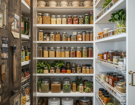 Shelves with different kinds of beans and vegetables in pantryの素材