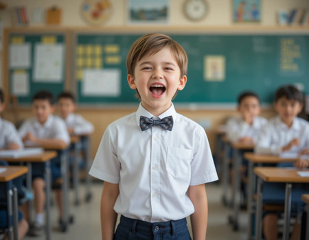 Portrait of happy schoolboy laughing in classroom at elementary school.の素材