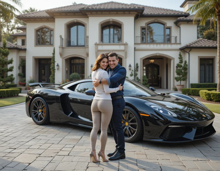 Beautiful young couple in love embracing in front of a luxury carの素材