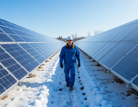 photovoltaic power plant worker standing in front of solar panelsの素材