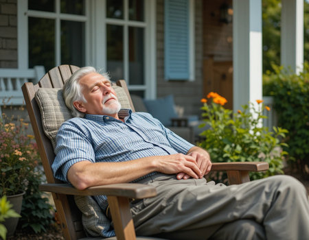 Portrait of senior man sitting in deck chair in garden at homeの素材