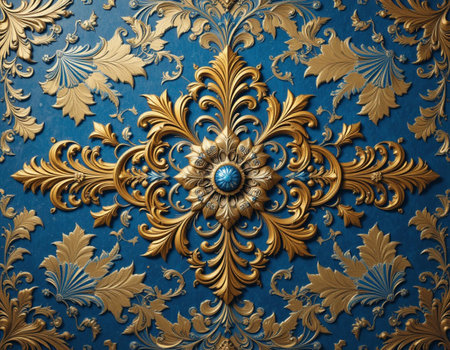 Vintage gold floral ornament on a blue background. 3d renderingの素材