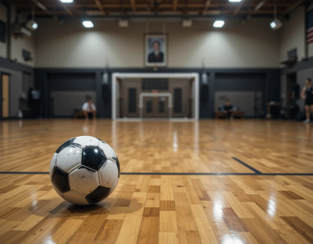 Soccer ball on a wooden floor in a gymnasium.の素材