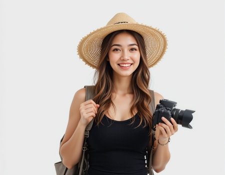 Portrait of beautiful Asian woman in summer hat and backpack holding camera and smiling while standing against white backgroundの素材