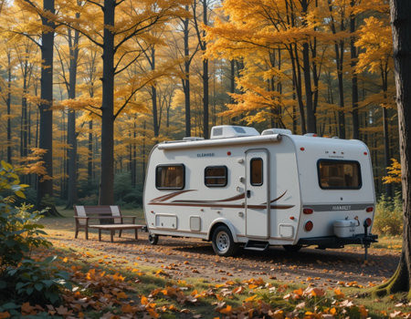 Caravan camping in the autumn forest. Traveling with motor home.の素材