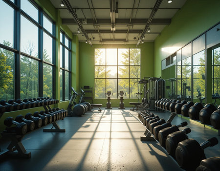 Interior of a fitness hall with sport equipment and sunlight. 3d renderingの素材
