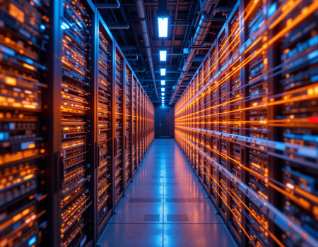 server room data center with rows of server racks. 3d renderの素材