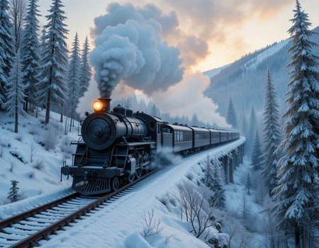 Vintage steam locomotive in winter Carpathian mountains, Ukraineの素材