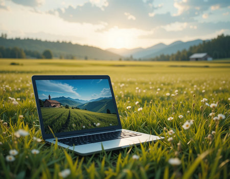 Laptop computer on a green meadow with mountain view at sunsetの素材