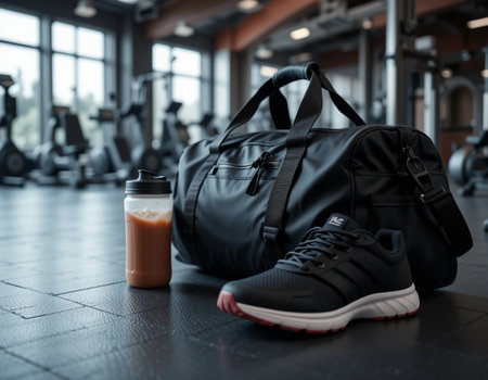 Sports bag, sneakers and bottle of water on the floor in the gymの素材