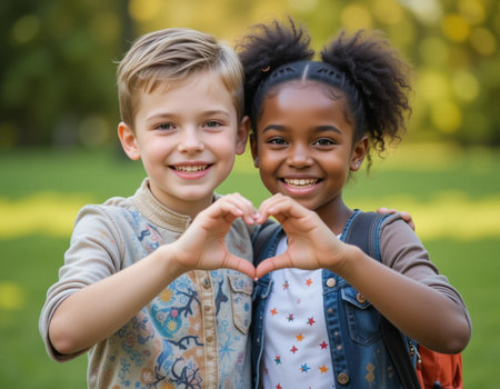 Portrait of two kids showing heart shape with their hands in parkの素材