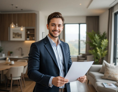 Portrait of a smiling young businessman holding papers while standing in the officeの素材
