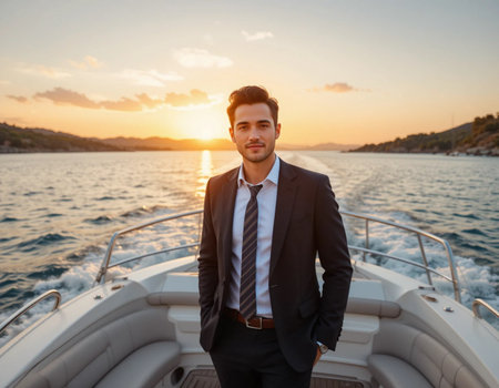 Portrait of a handsome young businessman standing on the deck of a yacht at sunsetの素材