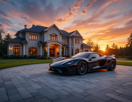 Luxury house with a sports car in the foreground at sunsetの素材