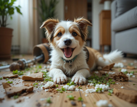 Cute dog playing with pieces of chocolate and cookies at home.の素材