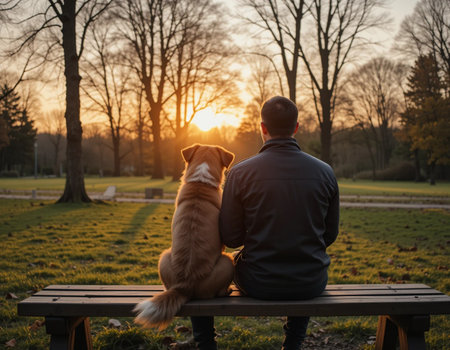 Man sitting on a bench with his dog in the park at sunsetの素材
