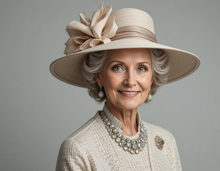 Portrait of smiling senior woman in hat, isolated on gray backgroundの素材